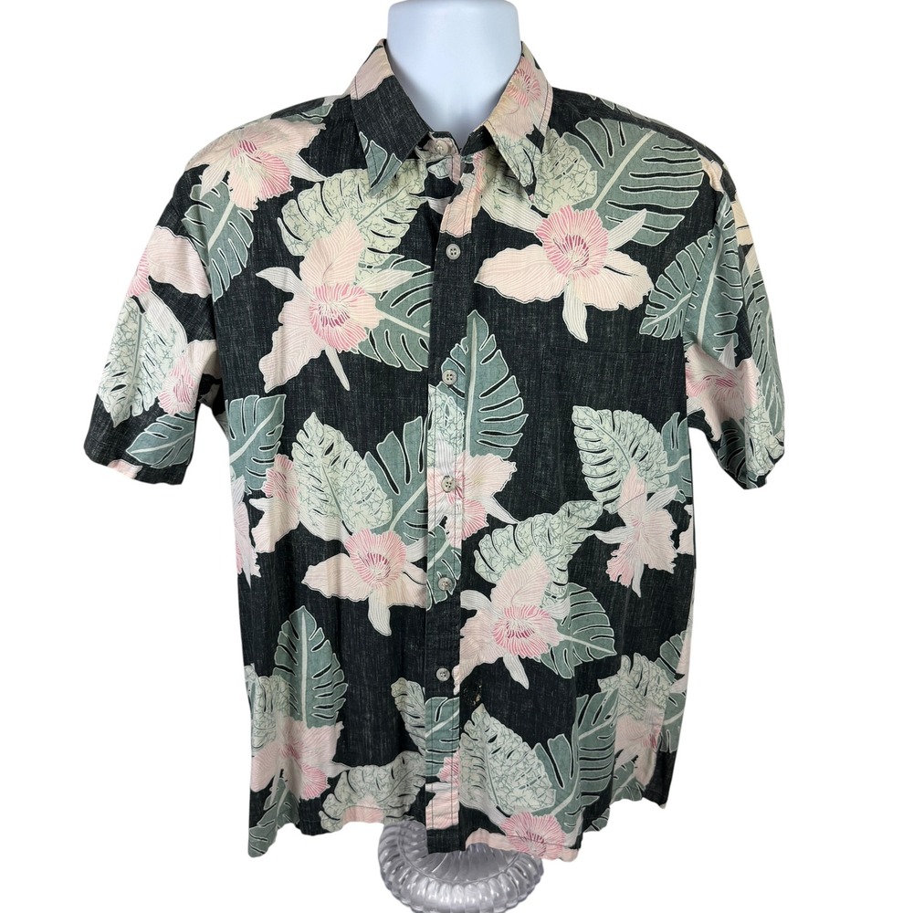 Cooke Street Honolulu Men's Large Hawaiian Shirt Black Pink Orchid Floral Cotton